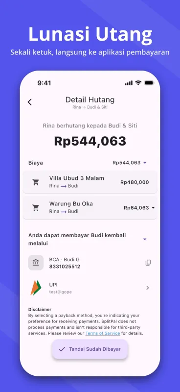 SplitPal debt details settlement matrix screenshot