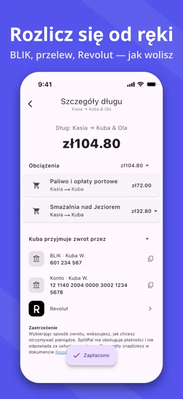SplitPal debt details settlement matrix screenshot