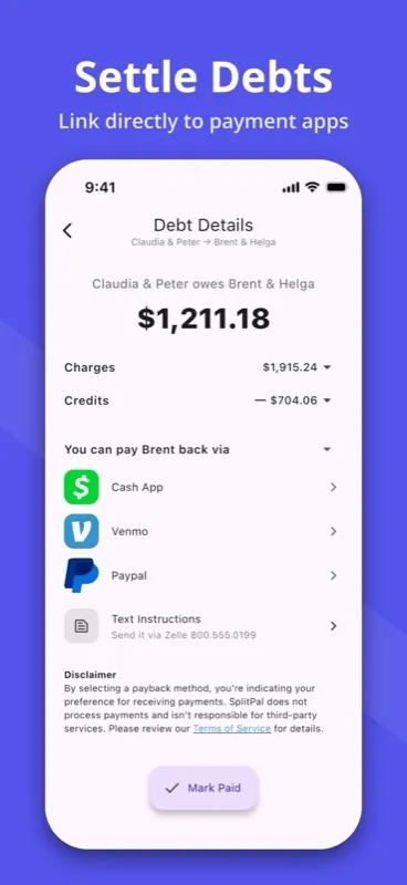 SplitPal debt details settlement matrix screenshot
