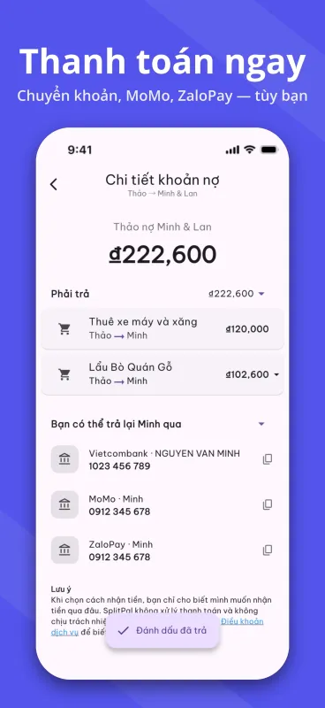 SplitPal debt details settlement matrix screenshot