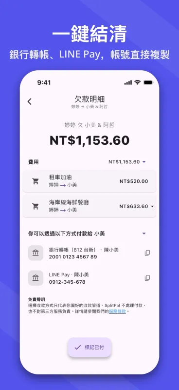 SplitPal debt details settlement matrix screenshot