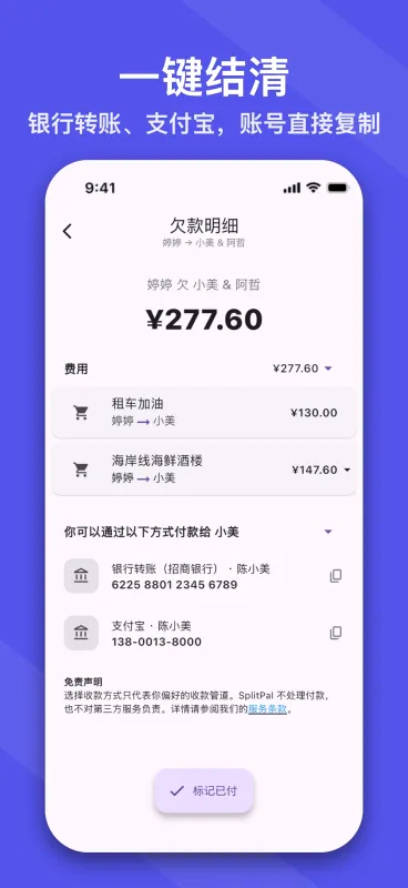 SplitPal debt details settlement matrix screenshot