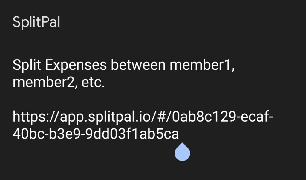 Screenshot in where user getting a link to join group SplitPal